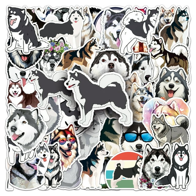 Paquete de pegatinas impermeables con dibujos animados de Malamute de Alaska con forma de perro, 50