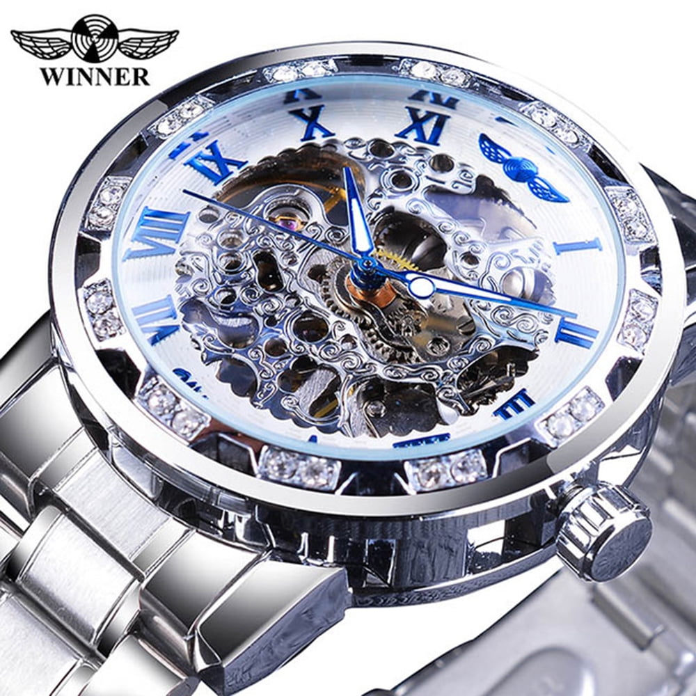 WINNER Men Automatic Watch Fashion Diamond Display Luminous Hands Gear Movement Retro Mechanical Skeleton Watches Luxury Casual Business Wristwatch