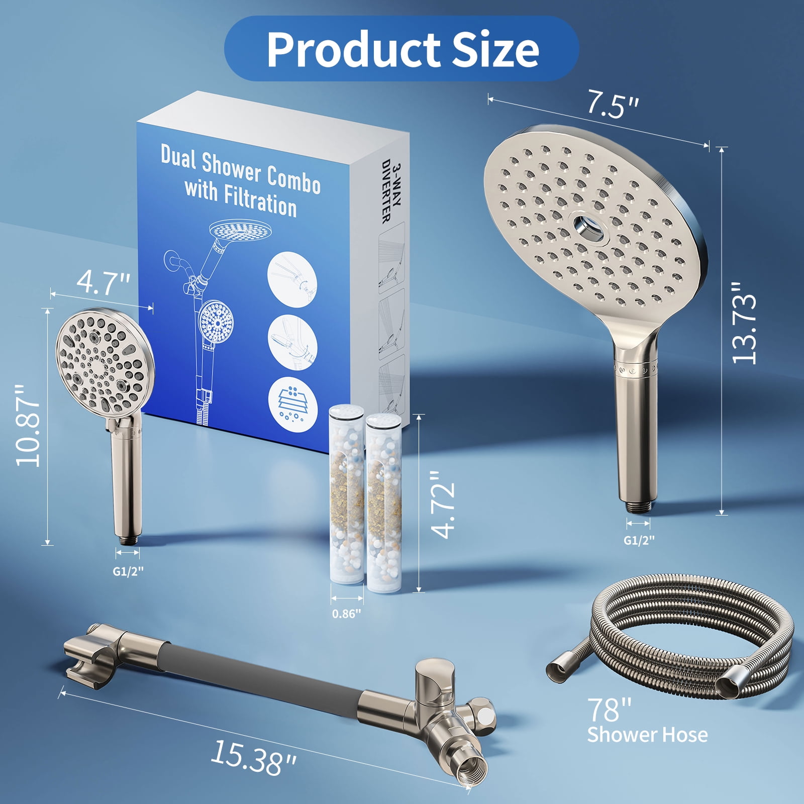 KAIYING Filtered Dual Shower Head System, 9-Mode Rain and Handheld Spray Combo with Adjustable Extension Arm, Brushed Nickel