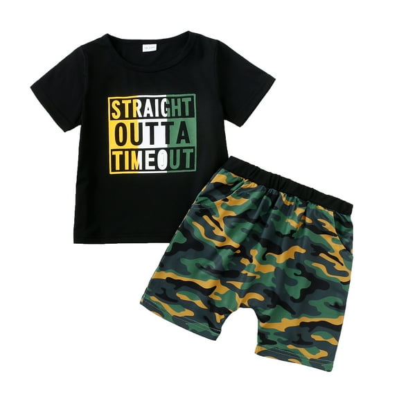 7T Big Boys Clothes Big Boys Outfits 7-8 Years Big Boys Short Sleeve Round Neckline Letter Print Top Camouflage Shorts 2PCS Boys Summer Clothing Set Black