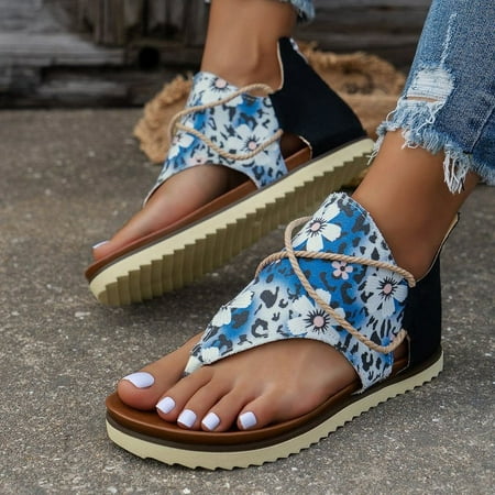 

Women s Sunflower Printed Flat Sandals Open Toe Back Zipper Thong Canvas Shoes Casual Anti-skid Sandals-1439