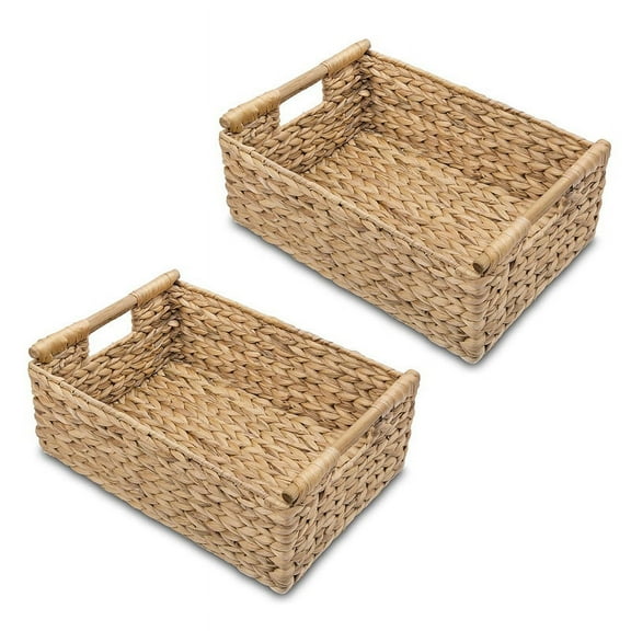 2X Small Wicker Baskets for Organizing Bathroom, Hyacinth Storage, Storage Basket with Wooden Handle