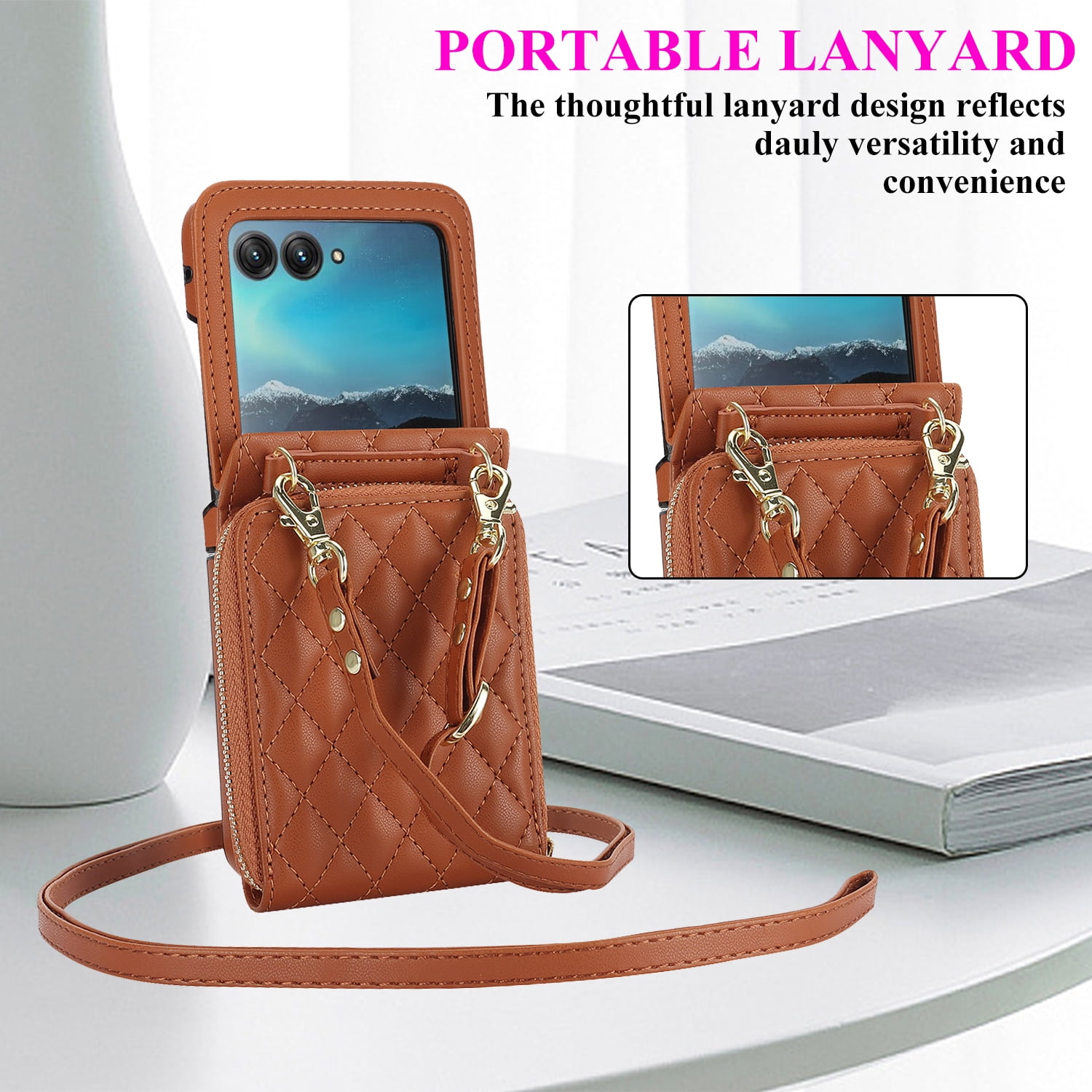 Allytechgroup for Motorola Razr 2025/2024 Wallet Case with Hand Wrist Shoulder Strap, PU Leather Cards Slots Zipper Pocket Shockproof Protective Phone Case Cover for Motorola Razr 50/60, Brown