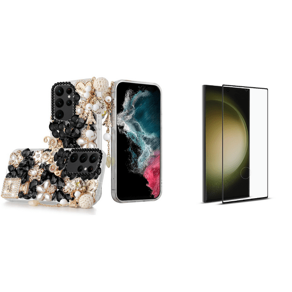 HR Diamond Bling Case for Galaxy S23  Plus (with Tempered Glass Screen Protector) Black Gold Eiffel Tower Charms