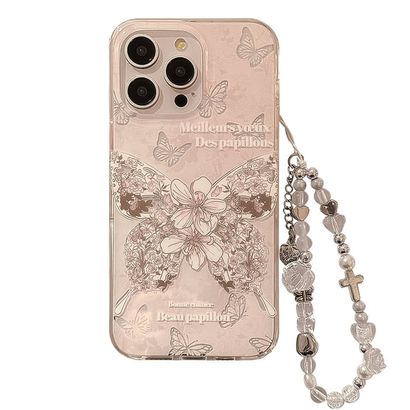 for iPhone 16 Pro Max Luxury Pink Rose Butterfly Phone Case with Beaded Wrist Strap, Shockproof Phone Cover, Cute Protective TPU Case for Women