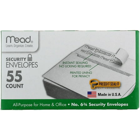 Mead Press-It Seal-It Security Envelopes, 3.625in X 6.5in, #6.75, 55 Ct