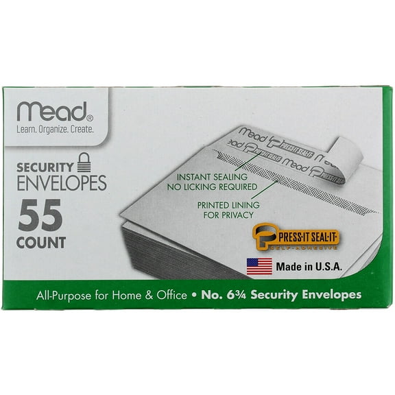 Mead Press-It Seal-It Security Envelopes, 3.625in X 6.5in, #6.75, 55 Ct