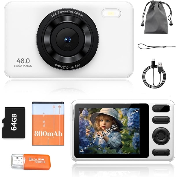 Cámara digital, cámara HD con zoom de 48MP, zoom digital de 16x, pantalla a color IPS de 2,8 pulgadas, antivibración, incluida tarjeta de memoria de 64 GB,transmisión directa OTG al teléfono móvil