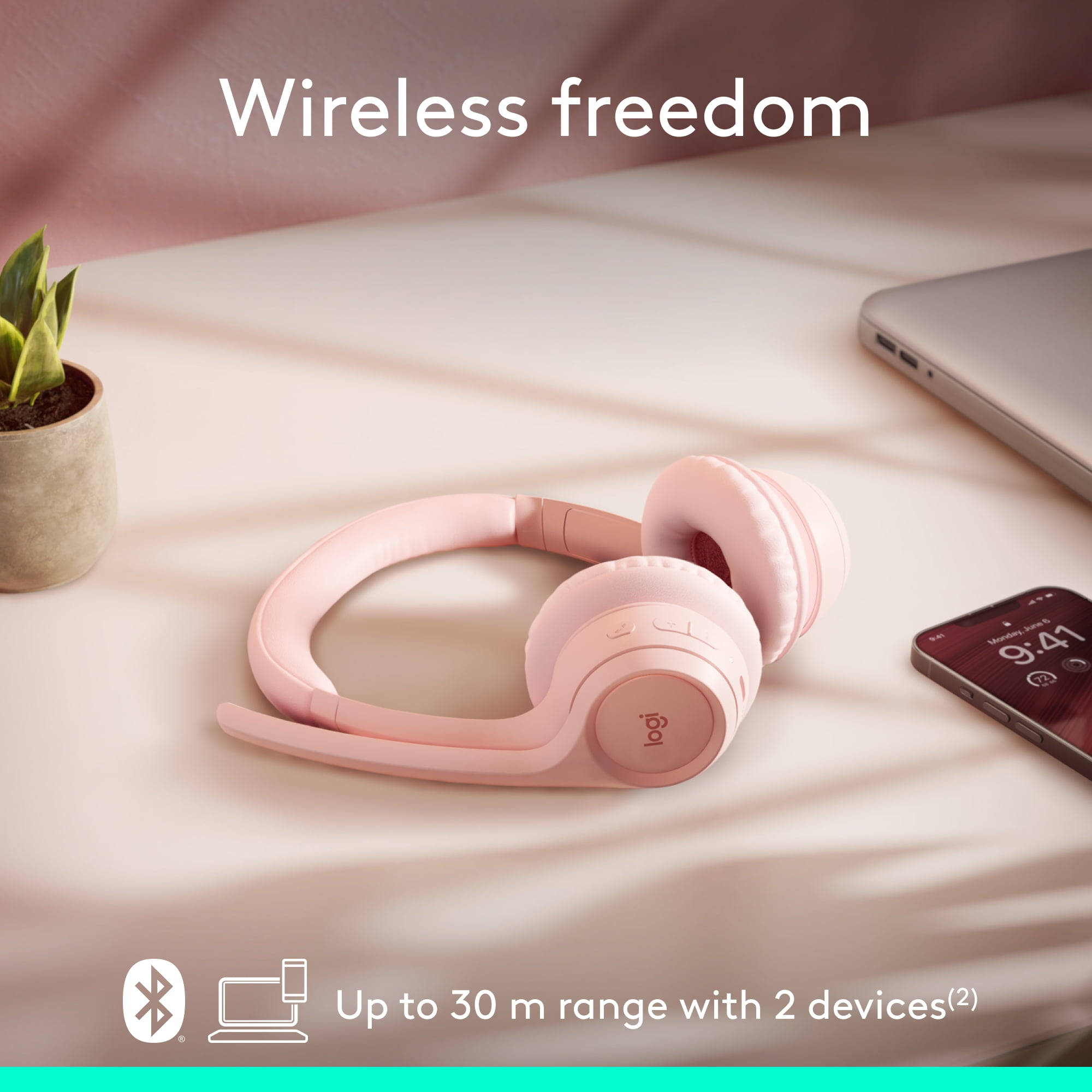 Logitech Zone 300 Wireless Bluetooth Headset with Noise-Canceling Microphone, Rose