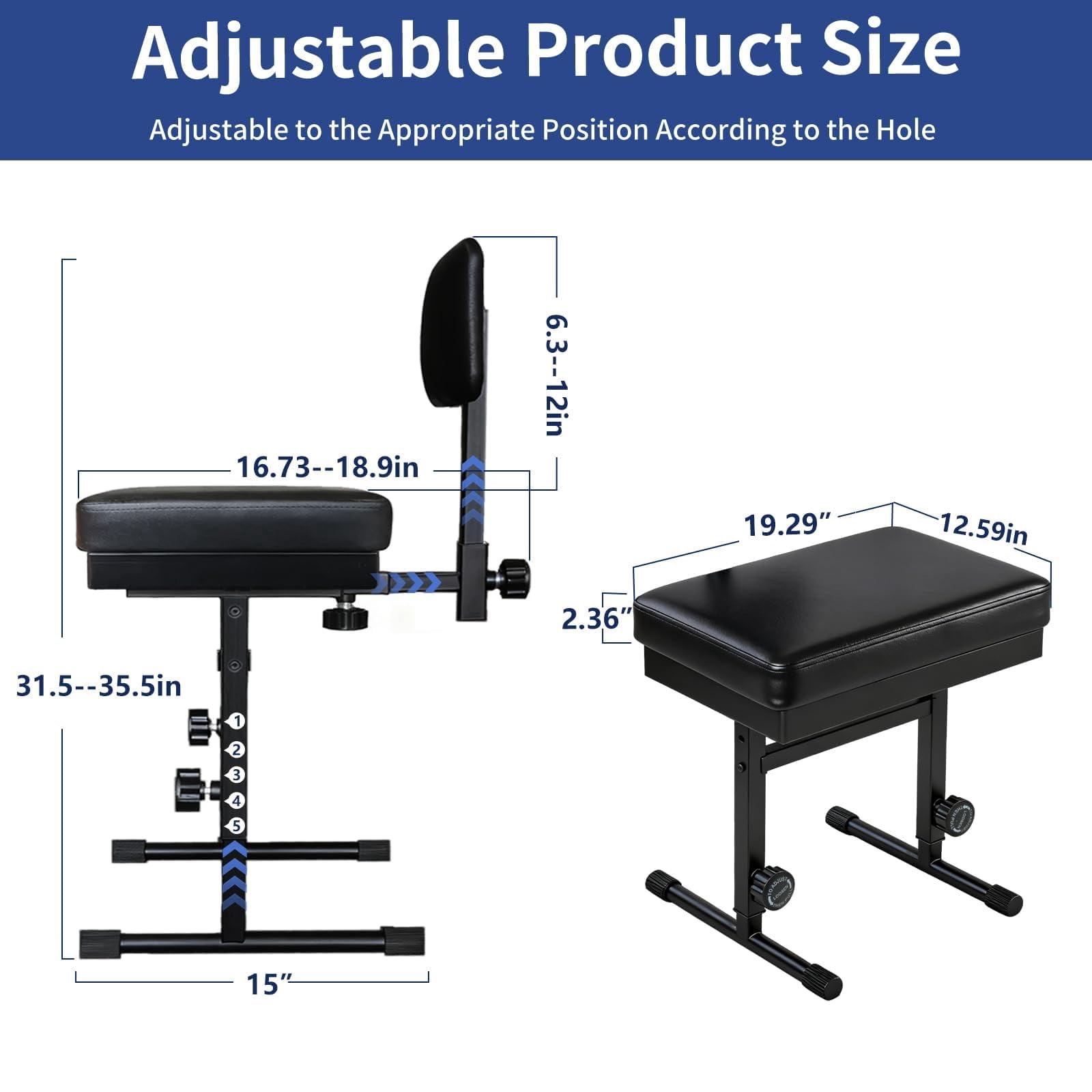 Adjustable Piano Bench With Storage Guitar Stool Back Support Music Keyboard Black Cushion Height For Stand Musicians Playing Chair