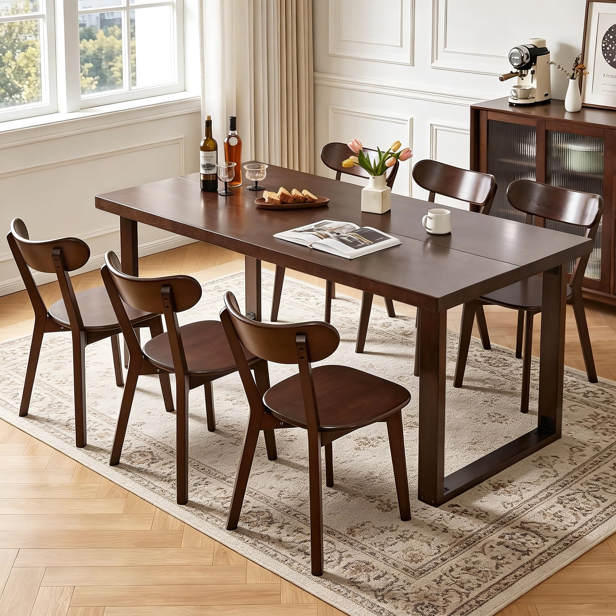 180cm Large Solid Wood Dining Table, Mid‑Century Modern Rectangular Solid Wood Kitchen Table, Dark Walnut Solid Wood Table for Dining Room Home Office