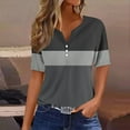 thumbnail image 4 of Women's Color Block T-shirts Buttons V Neck Short Sleeve Striped Summer Tops July 4th Festive Tshirts (XL, Black), 4 of 5