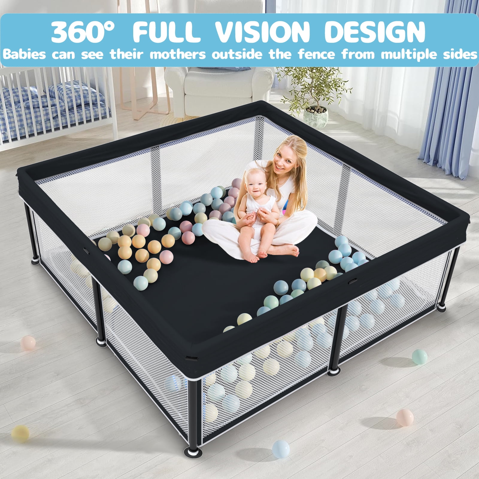 G TALECO GEAR Baby Playpen with Mat, Foldable Playpen for Babies and Toddlers, Portable Travel Play Yard, 50"x50", Black