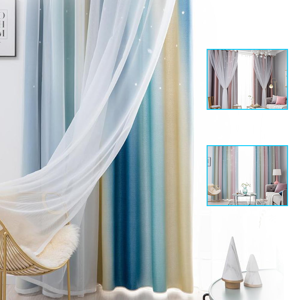 1PC Gradient Hollow Star Curtain Bedroom Full Blackout Window Drapes Home Decor 