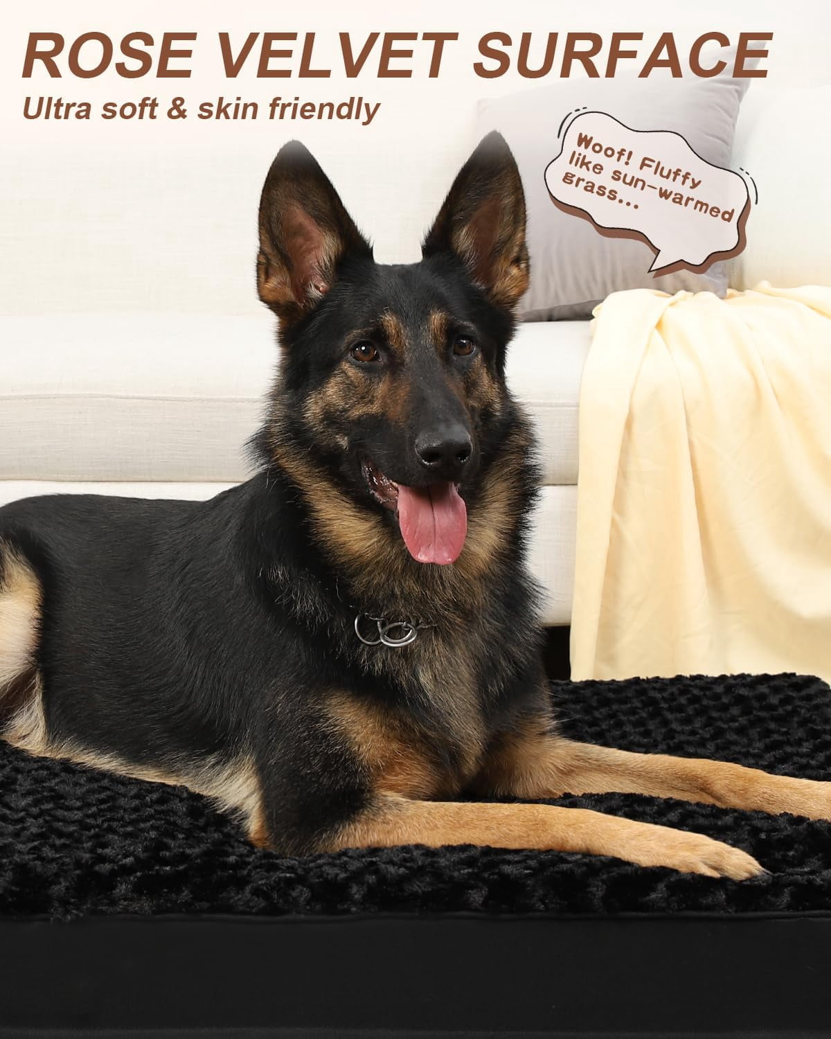 General Dog Crate Bed Waterproof Extra Large Dog Bed Soft Rose Velvet Supportive Kennel Pad Egg Crate Foam with Removable Washable Cover & Non-Slip Bottom, 47 x 29 Inch, Black