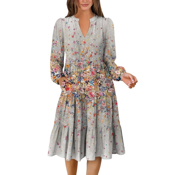 HAJWOH Fall Dresses for Women 2025 Casual Long Sleeve Cocktail Dresses Lightweight V-Neck Halter Dresses Khaki L