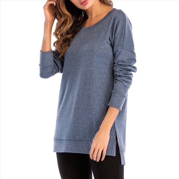 Sudadera de Mujer de Color Liso con Cuello Redondo, Larga y Abertura Frontal Corta y Trasera Larga Azul L