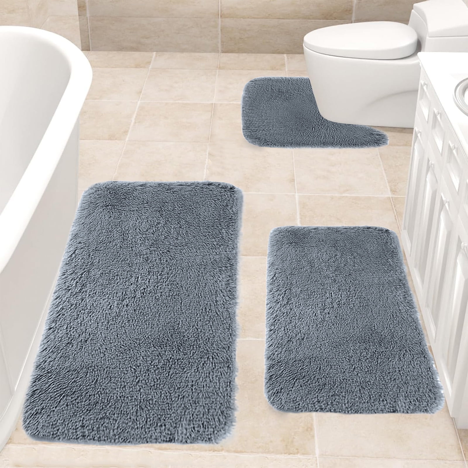 Muecwrye 3 Pcs Bath Rug, Bathroom Sets Clearance! U-Shaped Contour Toilet Rug, Soft Comfortable Water Absorption Non-Slip Bath Mat, Shower Mat for Floor, Room Door Mat, Machine Washable, Drak Gray