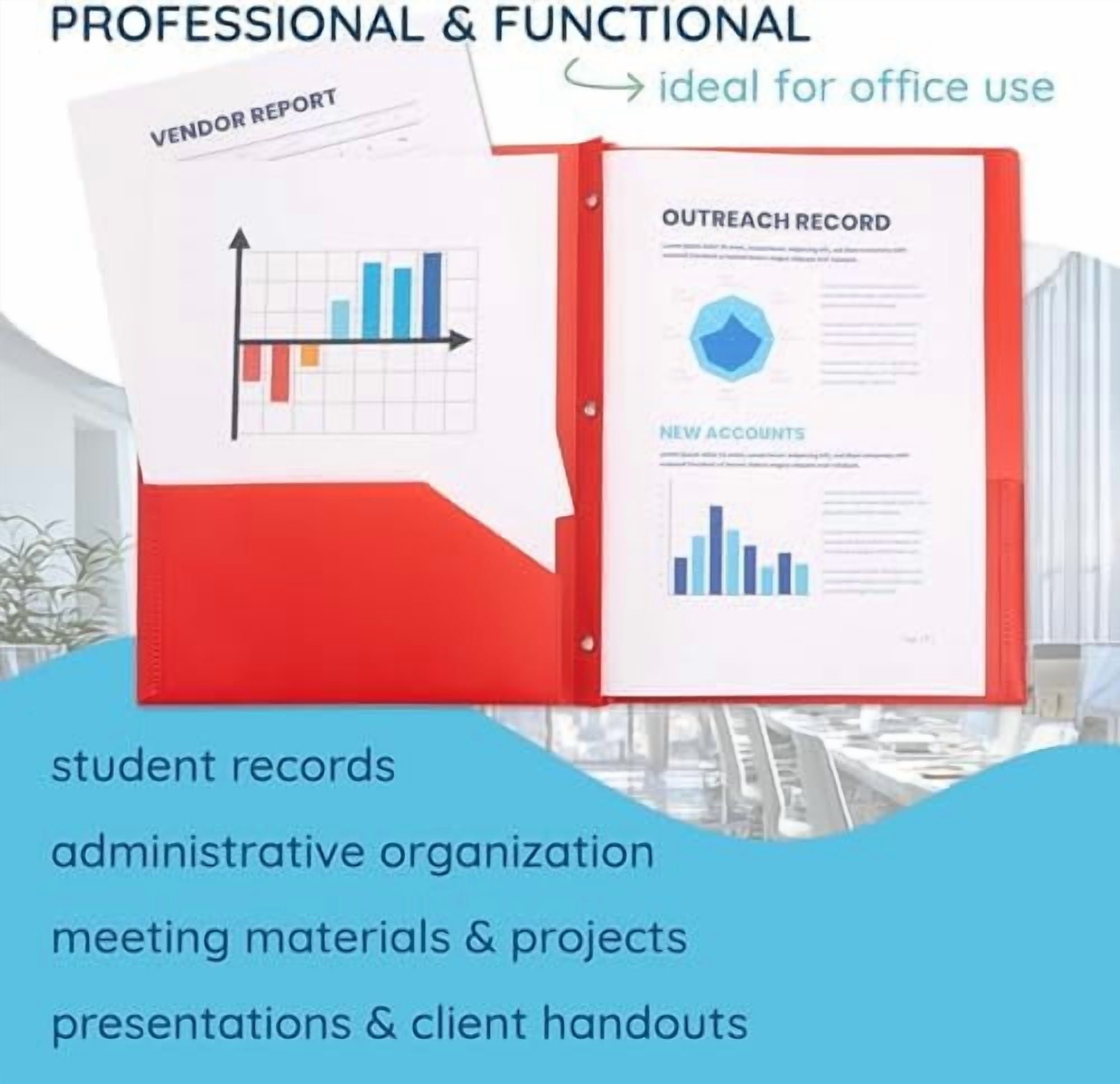 6 Pack Multicolor Plastic Folders with Pockets and Prongs, 2 Pocket Plastic Folders with Prongs and Brads for School, Home, and Work$$Office