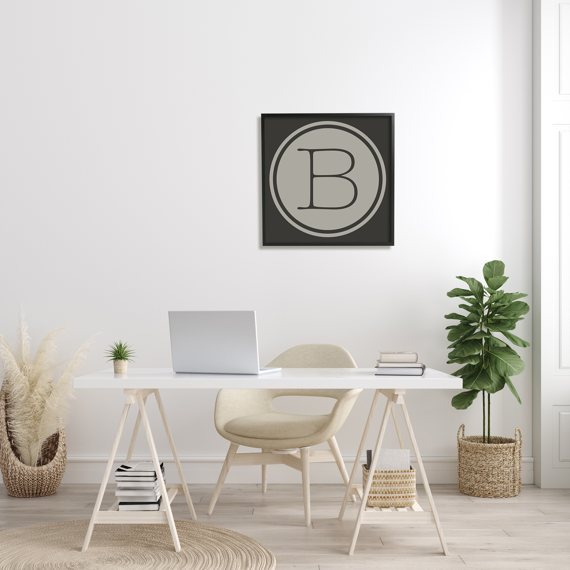 Stupell Industries Modern A Initial Elevator Key Circular Shape Typography Painting Black Framed Art Print Wall Art, 24 x 24