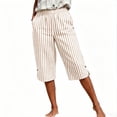 thumbnail image 5 of hoksml Women's Striped Elastic Waist Capri Pants - Cotton Linen Blend with Side Slits and Pockets, 5 of 9