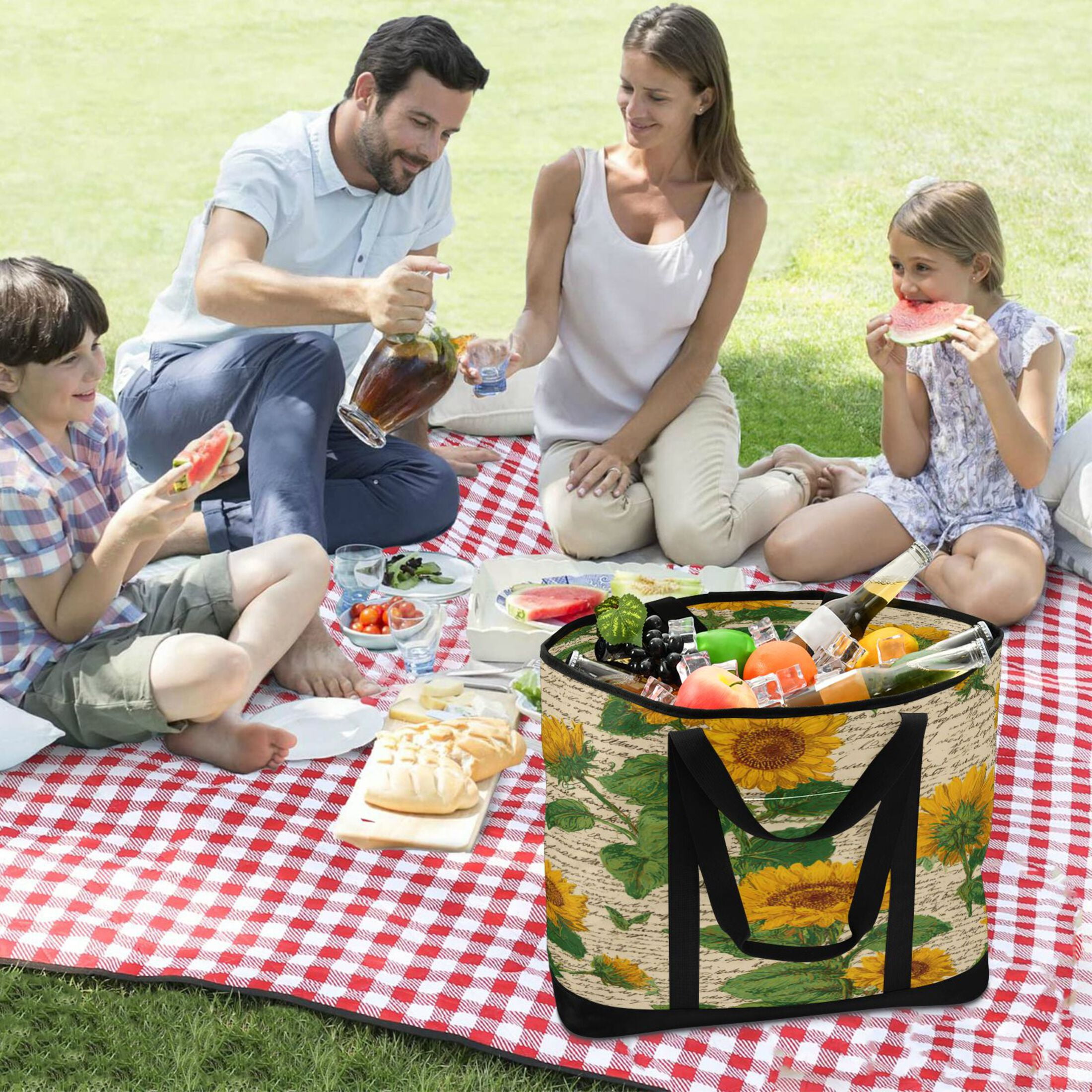 Extra-Large Wide Opening Design Capacity Hand-Held Ice Pack Thickened Insulation Layer For Long-Lasting Cold Retention For Outdoor Shopping Picnics And Camping Retro-chic Sunflowers