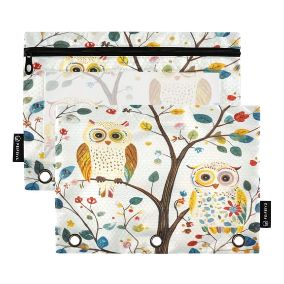 2 Pack 3 Ring Binder Pouch with Clear PVC Window Water Resistant Zipper Pencil Pouch Colorful Owl Binder Pocket for Classroom Office Home Stationery Organization