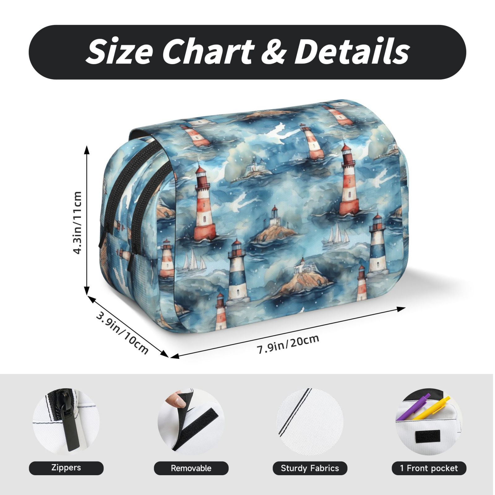 Rateoe Sea Marine And Lighthouse Pattern Double Clamshell Pen Case, Storage Organizer with Two Zipper Compartments– Holds Up to 50 Pencils & Pens