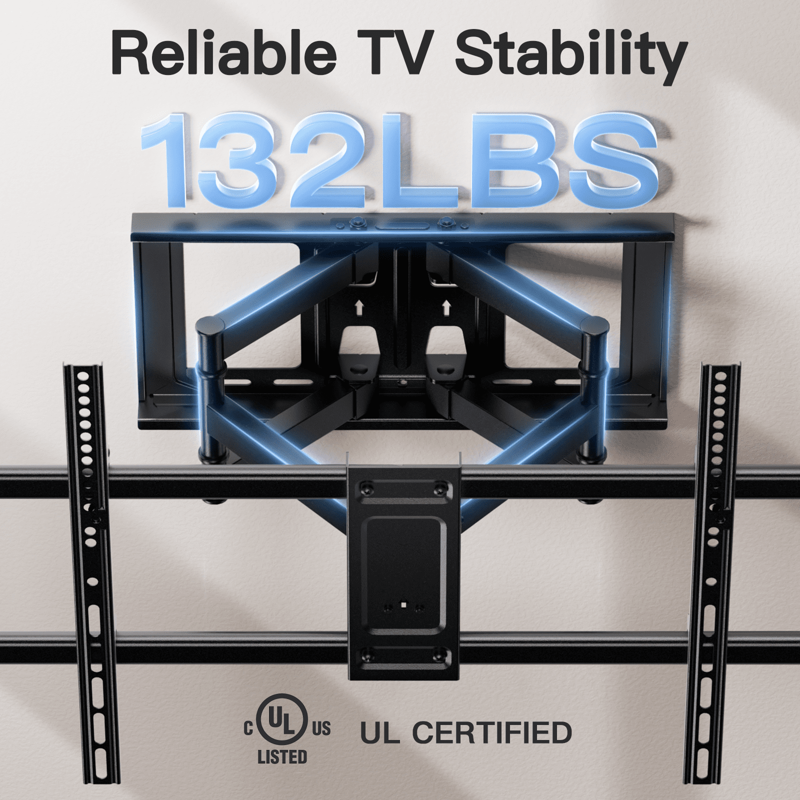 MountFTV Full Motion TV Wall Mount Bracket for 42-90 inch TVs, Heavy Duty tv wall mount with Swivels Tilts Extension, Max 600x400mm, Holds up to 132lbs, 12 /16 inch Wood Studs