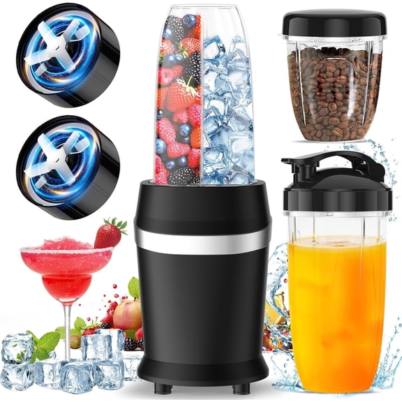 12-Piece Smoothie Blender Maker 25,000 RPM Personal Blender for Ice Crushing Smoothies & Frozen Drinks Nuts with 23oz, 32oz, 37oz Portable Cups Two 6-Leaf Stainless Steel Blades, Satin Black