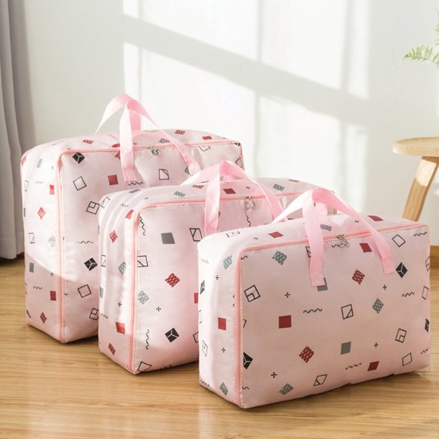 3Pcs/Set Large Capacity Oxford Storage Bag for Quilt Cloth Travel Luggage Container Pink square M+L+XL