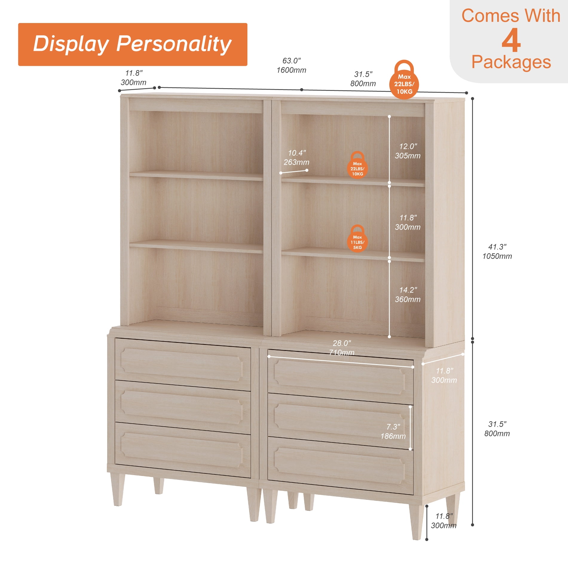 Tall Bookshelf with Drawers, 72.8 Inch Vintage Wood Bookcase with Storage, 2 PCS