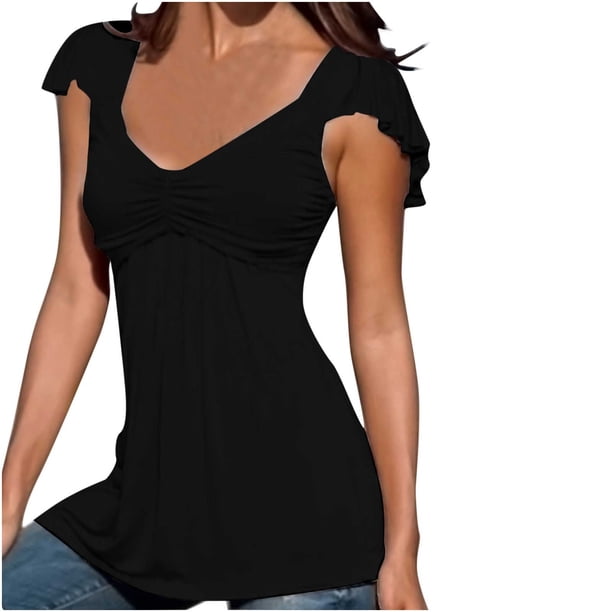 Blusa de manga corta con volantes informal sólida con cuello en V para mujer Fridja qr5602