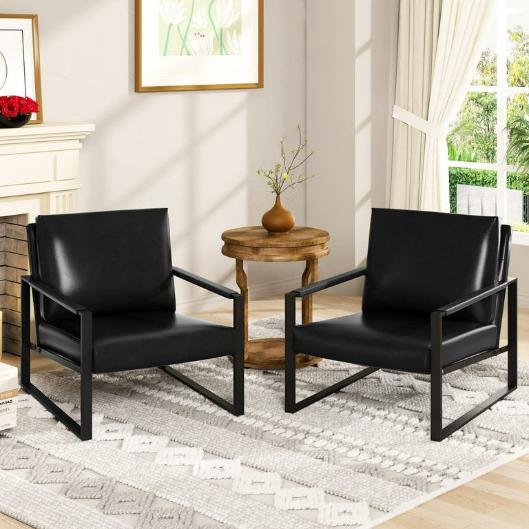 AWQM 2 Pieces Modern PU Leather Accent Chair Arm Chair with Extra Thick Padded Backrest and Seat Cushion Sofa Chairs for Living Room Bedroom 105 Degree Slant Back Non Slip Adsorption Feet Black