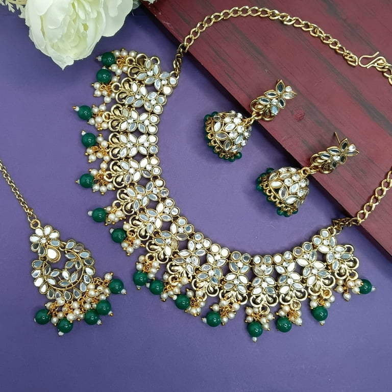 Indian Silver Plated Bollywood AD CZ Emerald Necklace Earrings Jewelry Set