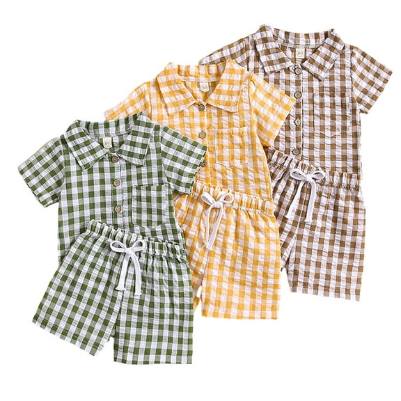 YTDSCS Boys Girls Shirt Short Sets 2PCS for Baby Toddler,Plaid Short Sleeve Lapel Shirt Shorts Unisex Clothes Outfit Set for 6 Months-4 Years
