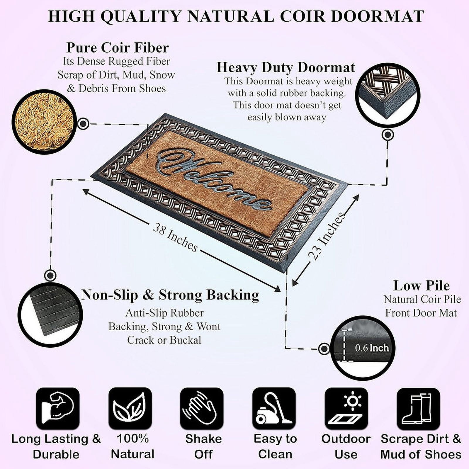 A1 Home Collections 38"×23" Natural Coir & Rubber Doormat - Decorative Welcome Design, Heavy Duty Coconut Fiber Entry Mat with Non-Slip Backing - Anti-Shed Treated, Low Profile Outdoor Front Door Mat