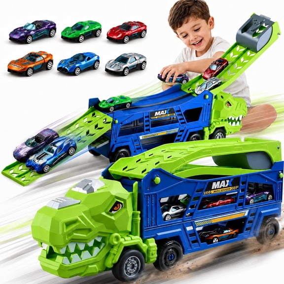 JoyStone Dinosaur Carrier Truck Toy with 6 Alloy Cars, 2-in-1 Transforming Dual Race Track, Push Along Transport Truck, Racing Toy Gift for Kids Ages 3