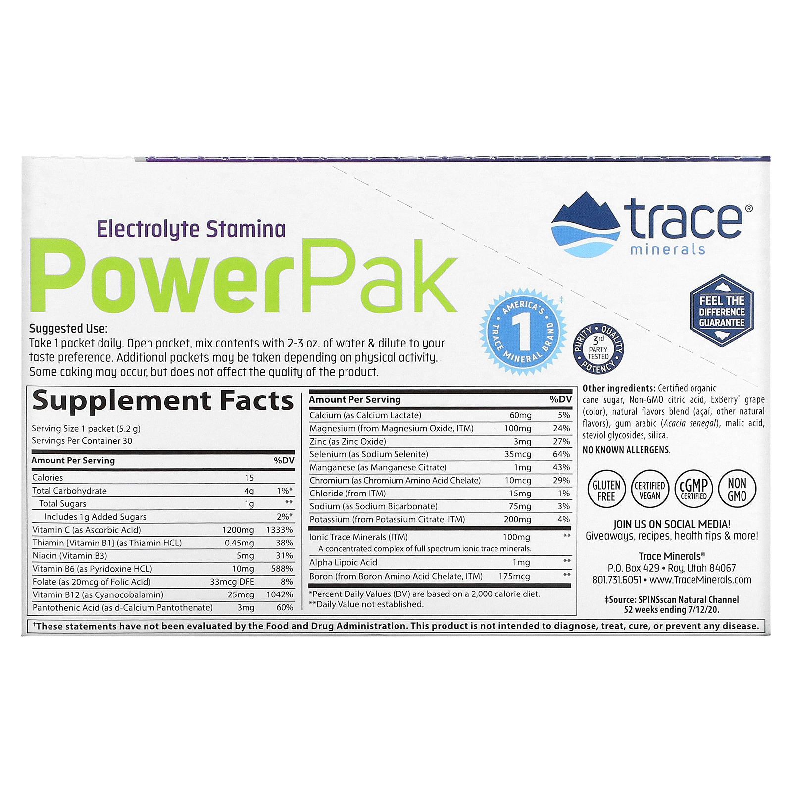Trace Minerals | Power Pak Electrolyte Powder Packets | 1200mg Vit C | Acai Berry | 156g 30 Packets - image 2 of 2