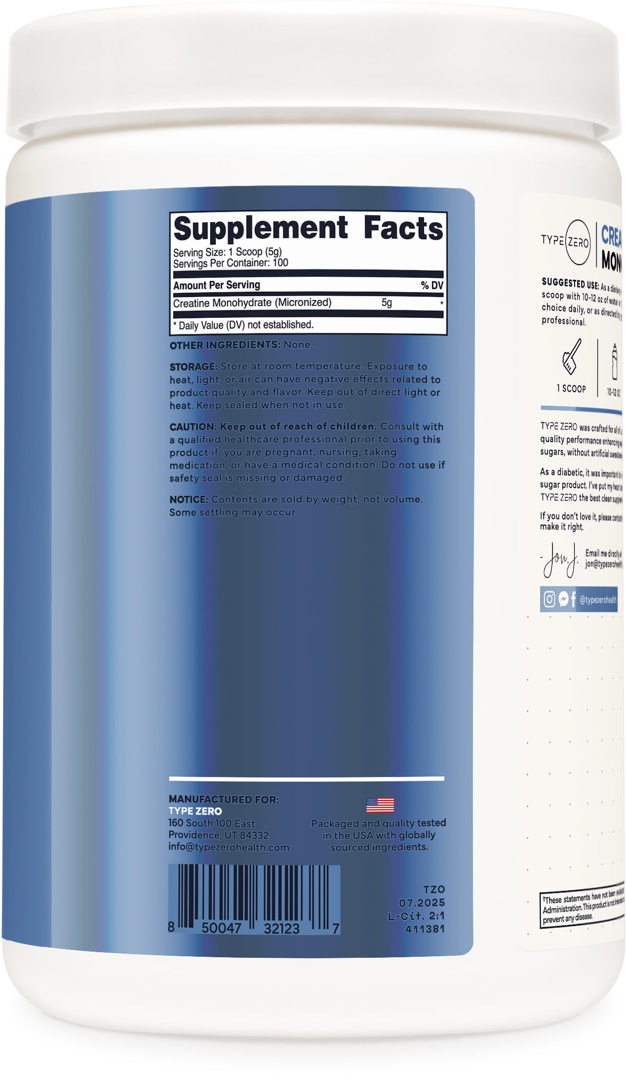 Type Zero Clean, Creatine Monohydrate, Unflavored, 5,000 mg, 17.6 oz (500 g)