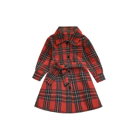

Nokpsedcb 2PCS Infant Newborn Baby Girls Christmas Long Sleeve Dress Fashion Plaid Single-breasted A-line Dress with Waist Belt Red 2-3 Years