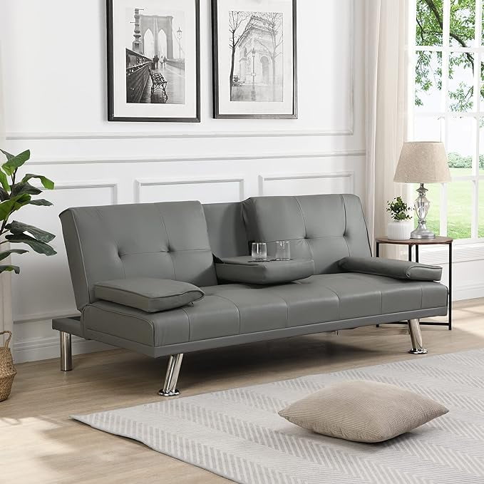 Futon Sofa Bed, Modern Faux Leather Sofa Couch with Convertible Backrest,Sleeper Sofa Couch Filled with Memory Foam for Living Room,Apartment,Bedroom