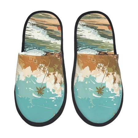 Balery Coastal Palm Beach Slient Indoor Furry Fleece Comfort House Shoes Soft Non-Slip Home Shoes Cotton slippers House Slippers-- Medium