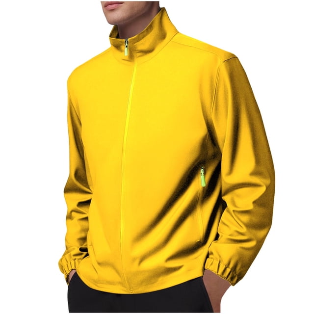 Men's Waterproof Jacket Turtleneck Solid Color Zipper Long Sleeves Jackets Outdoor Athletic Coat with Pockets Yellow L