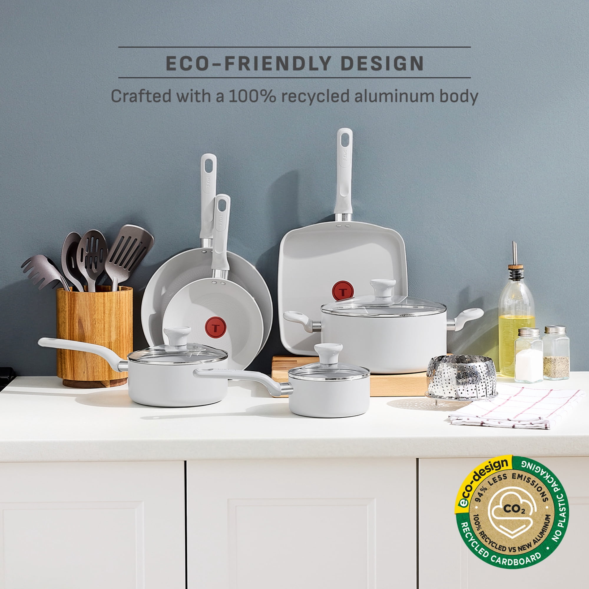T-fal Easy Care 14 Piece Nonstick Cookware Set, Pots and Pans, Light Grey