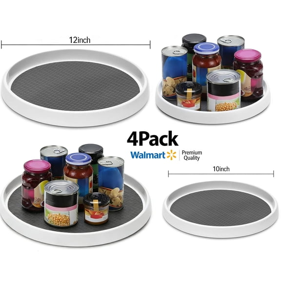 【4 Pack】12-Inch (2) & 10-Inch (2) Non-Skid Lazy Susan Turntable - Spinning Storage for Kitchen Cabinet, Pantry, Fridge, Vanity | Spice/Food Organizer Spinner