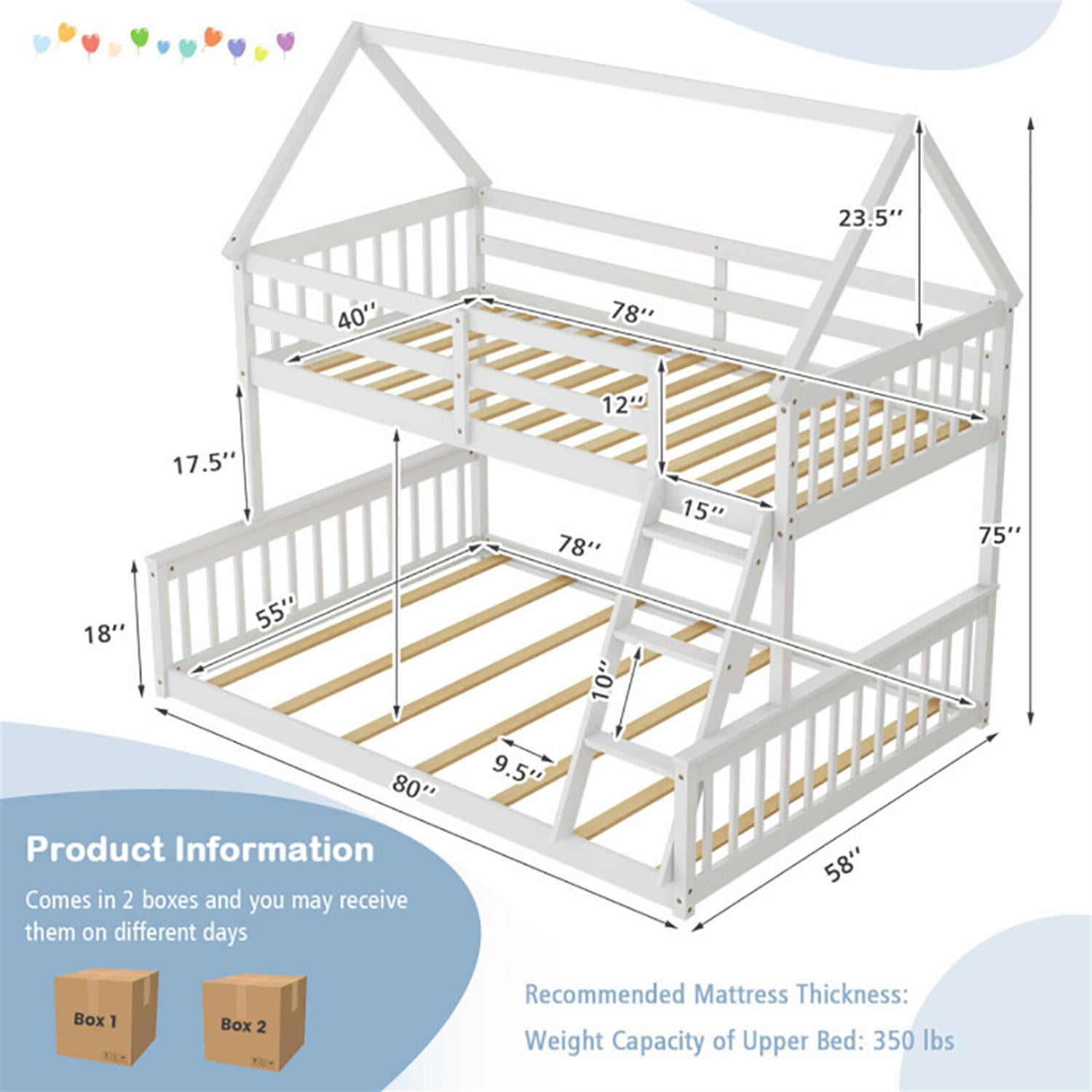 Demi Bonn Twin Over Full Bunk Bed with Ladder and Guardrails, House Twin Bunk Beds, Bed Frame, White