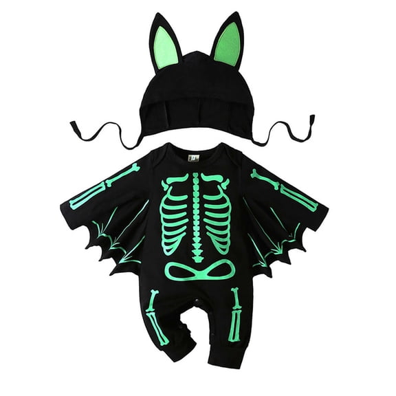 Atogsazn Toddler Baby Girls Halloween Romper Newborn Batwing Sleeve Jumpsuits with Hat Costume Jumpsuit Green 18-24 Months Fashion
