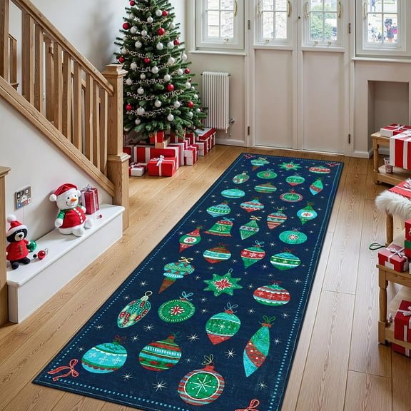 HOMERRY Xmas Rug Christmas Home Decor Bell Pattern Area Rug Washable Non-slip 2' x 6' Modern Rug for Kitchen Enterway Indoor Blue Carpet