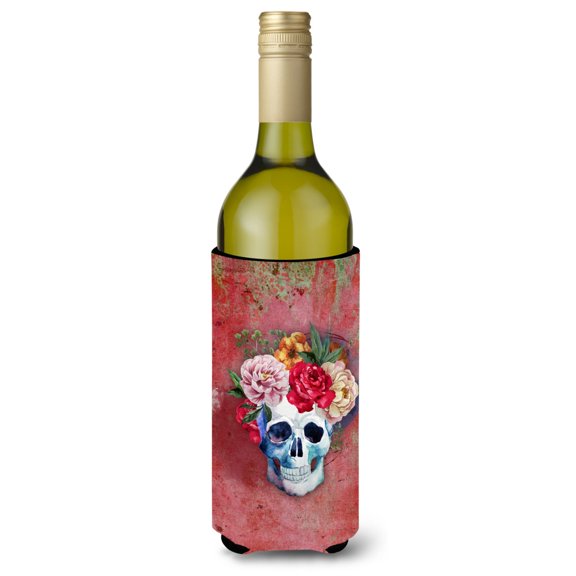 Carolines Treasures BB5130LITERK Day of the Dead Red Flowers Skull  Wine Bottle Beverge Insulator Hugger  Wine Bottle